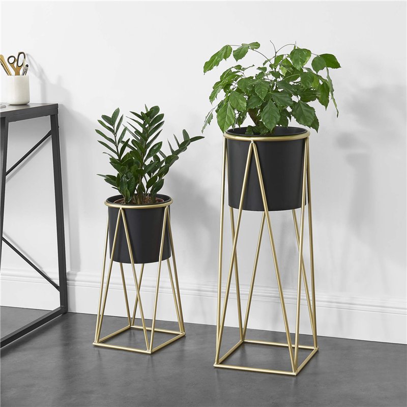 Image secondaire de [en.casa] Set de 2 Supports de Plante Cache-Pot Pot de Fleur Bac à Fleurs Vase Métal Couleur Laiton et Noir Tailles Différentes