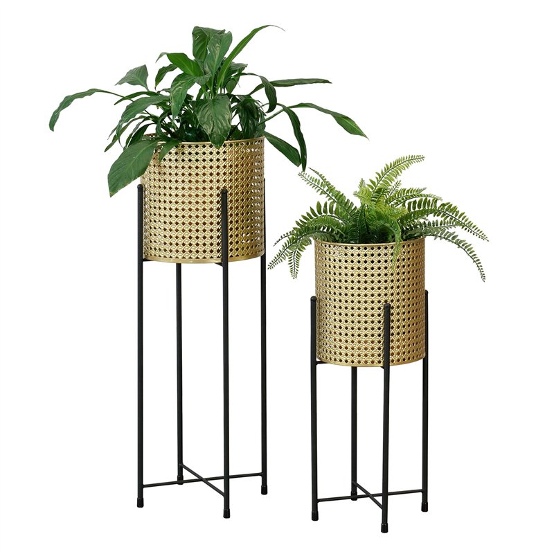 [en.casa] Set de 2 Supports de Plante Ensemble Cache-Pot Pot de Fleur Bac à Fleurs Vase Métal Tailles Différentes Noir Doré