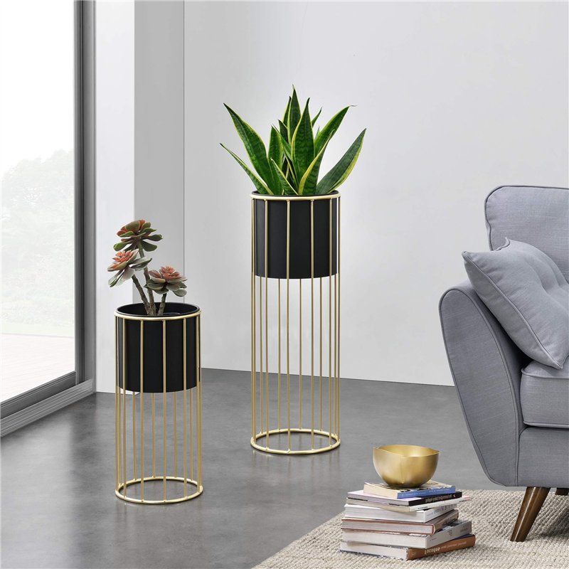 Image secondaire de [en.casa] Set de 2 Supports de Plante Ensemble Cache-Pot Pot de Fleur Bac à Fleurs Vase Métal Tailles Différentes Doré Noir
