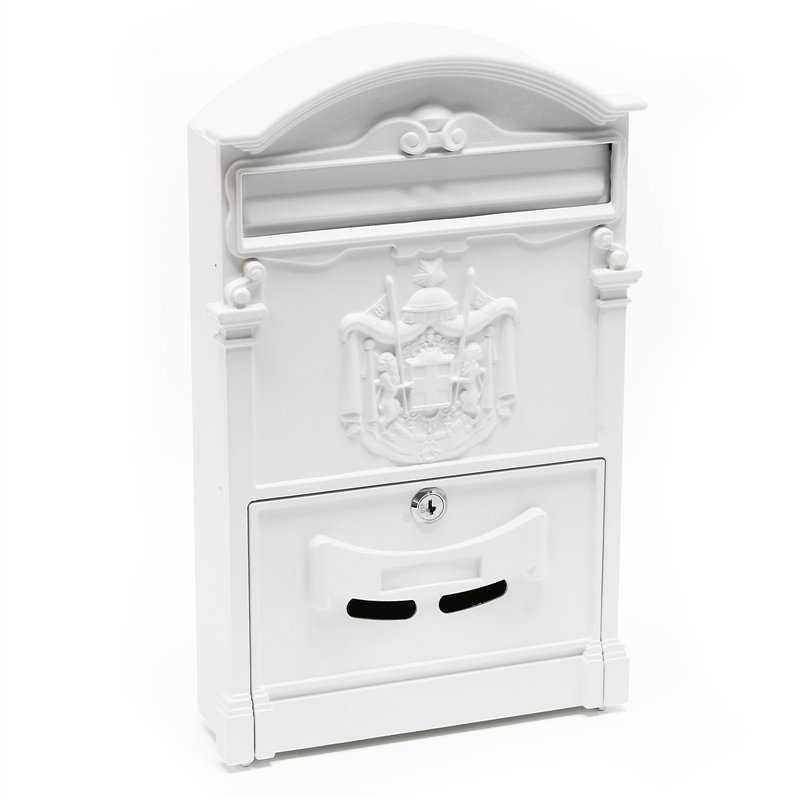 Wiltec Boîte aux Lettres Murale Design Antique, Blanche, Verrouillable, Alu & Acier galvanisé, 260 x 90 x 400 mm, Fente, clapet