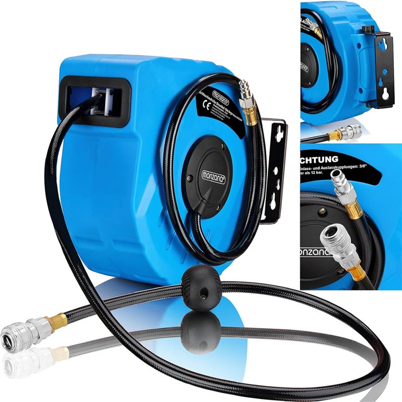DEUBA® Dévidoir enrouleur tuyau à air comprimé automatique 10m+1m raccord 3/8' 12 bar Ø12mm enroulement tuyau pneumatique support