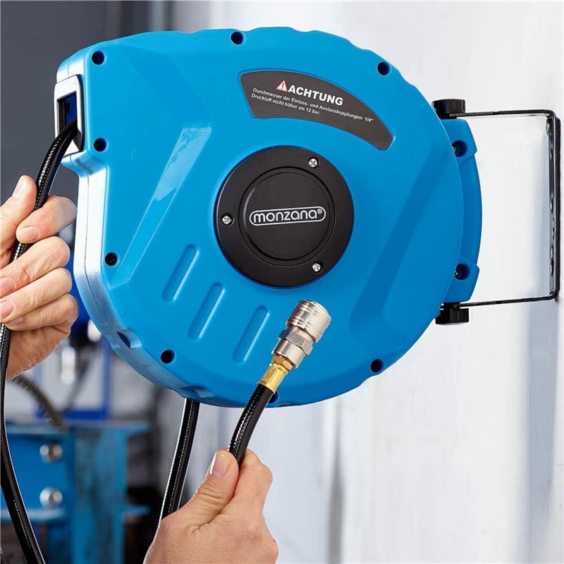 Image secondaire de DEUBA® Dévidoir enrouleur tuyau à air comprimé automatique 10m+1m raccord 3/8' 12 bar Ø12mm enroulement tuyau pneumatique support