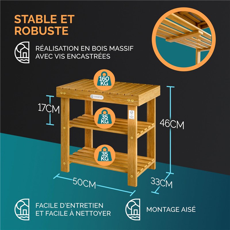Image secondaire de Casaria® 2en1 Meuble à Chaussures avec Banc en Bois d'acacia Dur Robuste étagère à Chaussures 2 tablettes Rangement Armoire
