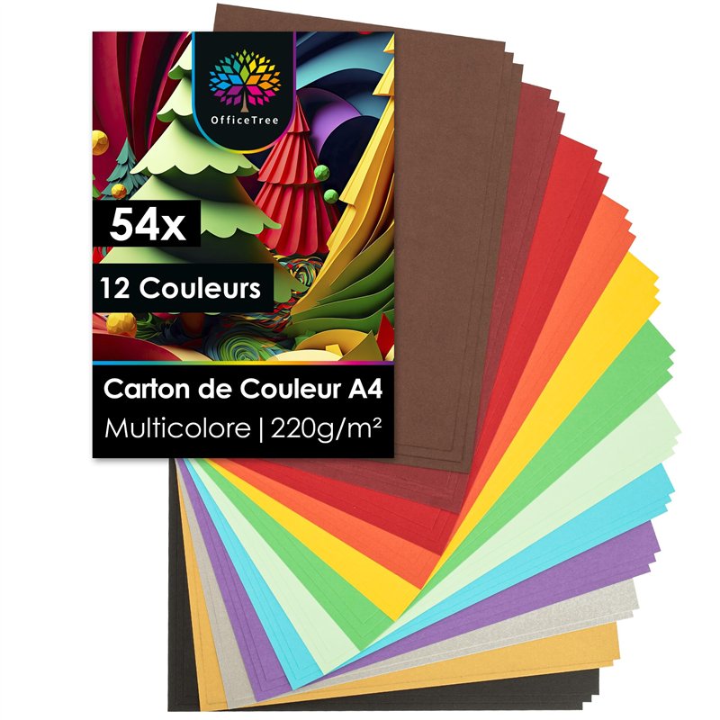 OfficeTree 54x Feuille de Couleur Cartonné A4 220g - 12 Couleurs - Feuille Cartonnée Couleur pour le Bricolage - Papier Coloré C