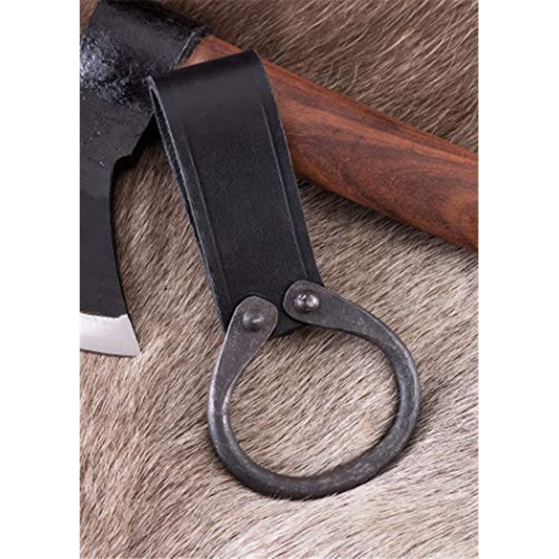 Image secondaire de Battle-Merchant Porte-Ceinture Simple Hache en Cuir avec Anneau forgé, étui médiéval haches Porte-Hache GN (Noir)