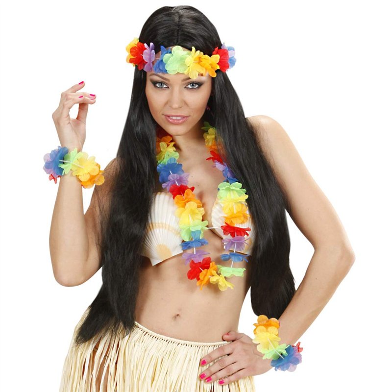 Image secondaire de Panoplie Hawaï avec collier bijoux de tête & bracelets | Ensemble coloré de 4 pièces | Accessoires ravissants pour femme collier