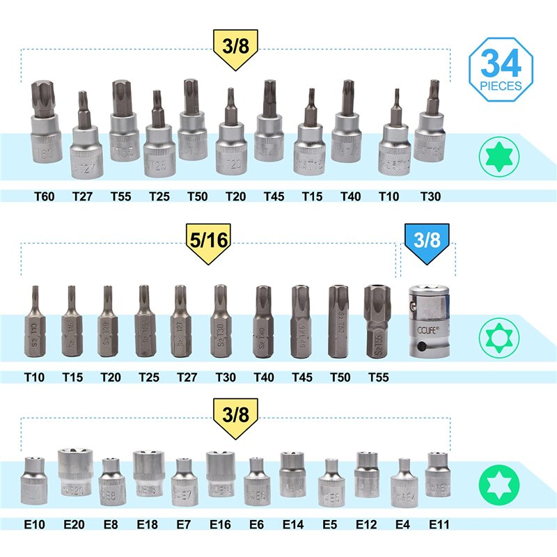 Image secondaire de CCLIFE 34 Pièces Coffret douilles torx femelle 3/8