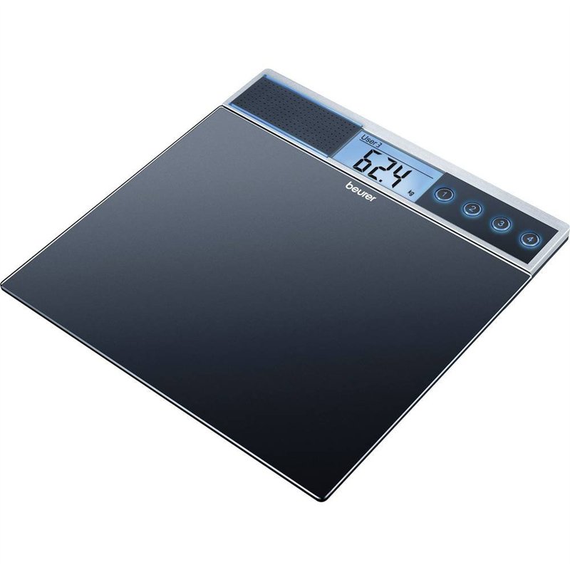 Beurer GS 39 Pèse-personne en verre avec fonction vocale, plateau de pesée extra large, quatre emplacements de mémoire