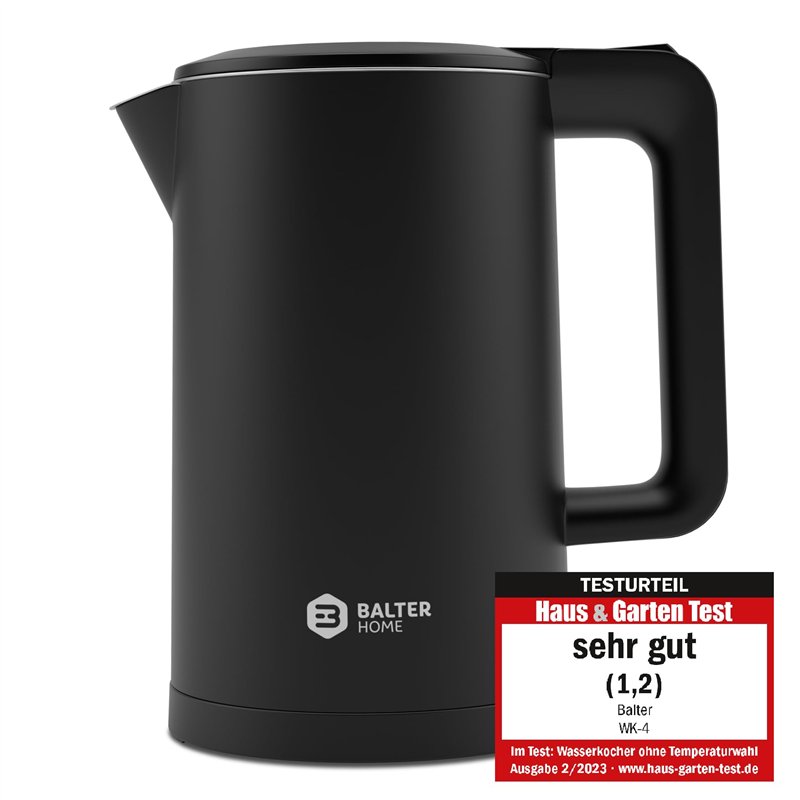 Balter Bouilloire électrique en acier inoxydable WK-4, 1,7 l, design à double paroi, sans BPA, LED, compacte, silencieuse (noir)