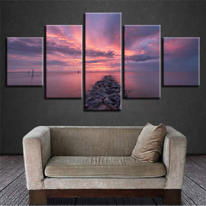 shuyinju Toile Mur Art Photos Salon Décor 5 Pièces Coucher du Soleil Pierres Pont Paysage Marin Peintures Modulaire HD Prints Oc