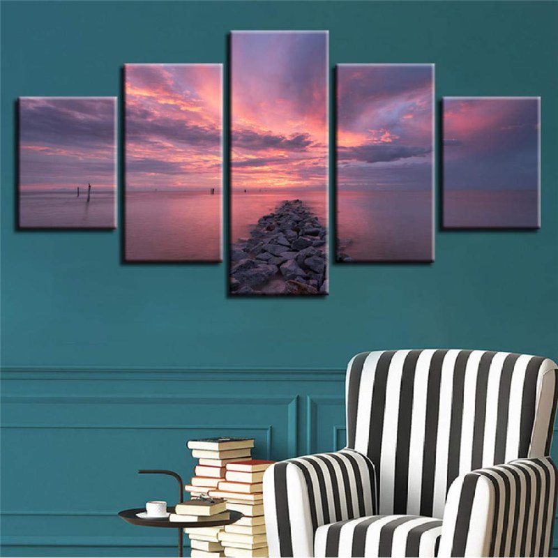 Image secondaire de shuyinju Toile Mur Art Photos Salon Décor 5 Pièces Coucher du Soleil Pierres Pont Paysage Marin Peintures Modulaire HD Prints Oc
