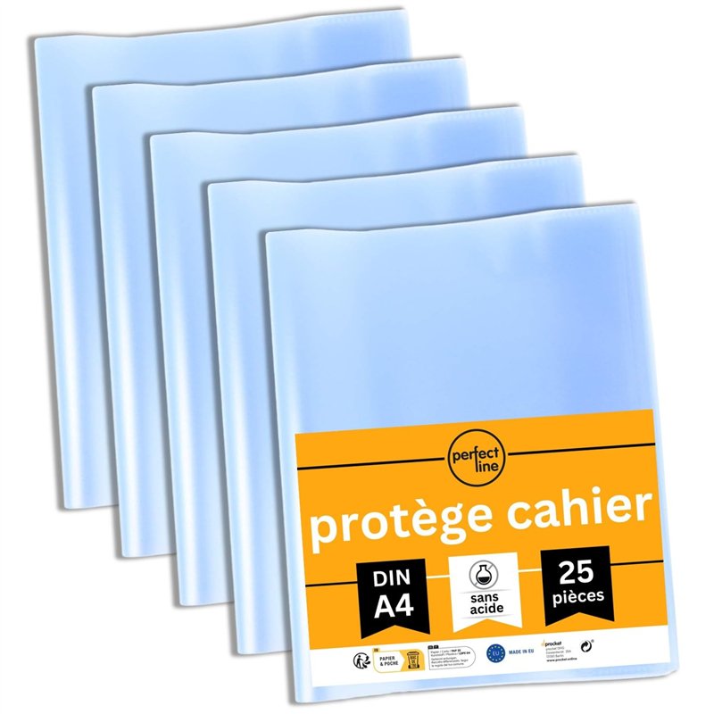 perfect line • 25 protège cahier 21x29.7 DIN-A4, grainés, PP recyclable, protege cahier transparent FABRIQUÉ EN ALLEMAGNE (21 x