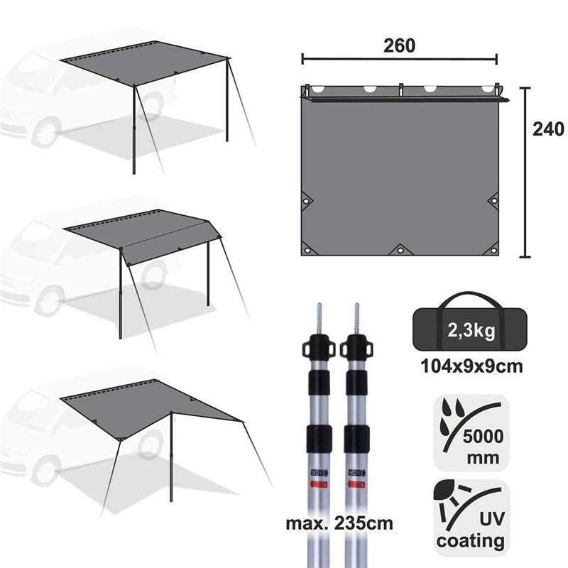 Image secondaire de your GEAR Motorhome Tarp 260 x 240 auvent avec pôles d`Installation pour Campeur, Bus, Van, Voiture étanche 5000mm