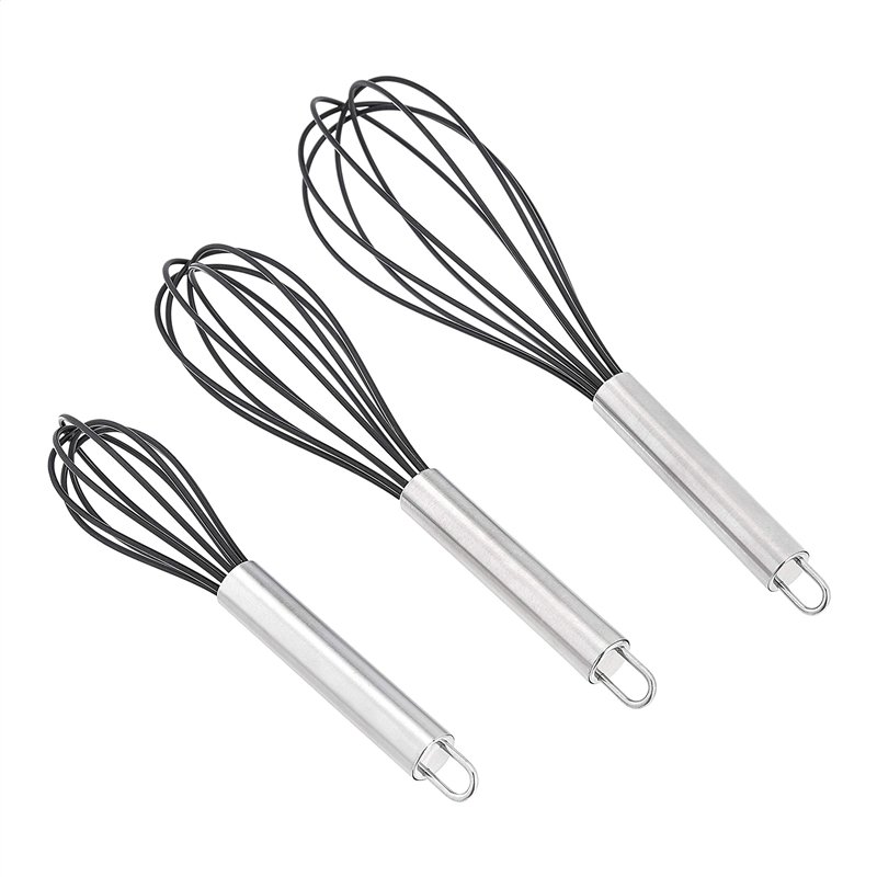Amazon Basics Ensemble de fouets en acier inoxydable et silicone antiadhésif 20,3 cm 25,4 cm et 30,5 cm Lot de 3, Noir (Ancienne)