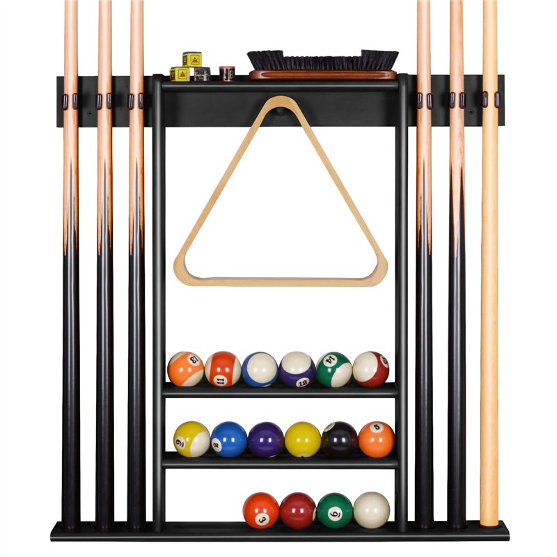 Support de Queue de Billard, Support Mural de Baton de Billard avec Support de Rangement, Bois Massif, Support de Billard 6 Trou