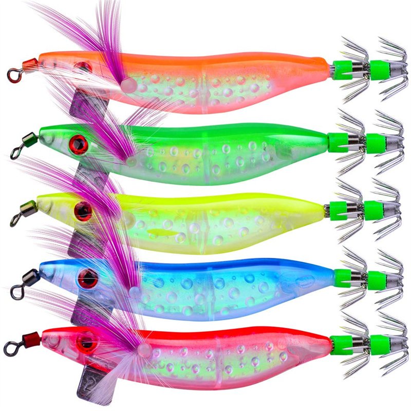 OriGlam Lot de 5 leurres Lumineux pour pêche en Eau salée, Calamar, Pieuvre, crevette, Bar, appâts pour crevettes, appâts Lumine