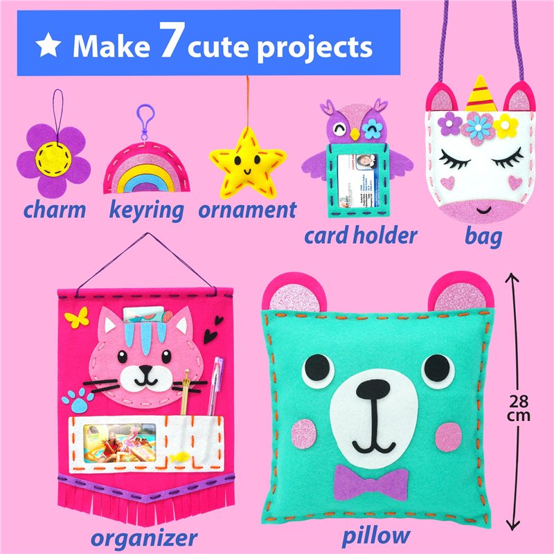 Image secondaire de KRAFUN Kit de Couture Licorne pour Enfants dès 5 Ans, 7 Projets Débutants (Poupées, Oreillers), Feutre, Instructions, Boîte Réut