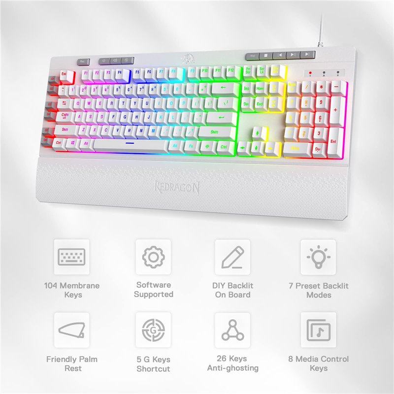 Image secondaire de Redragon K512 Shiva Clavier de jeu américain à membrane blanche, éclairage RVB, touches G programmables, commandes multimédias,