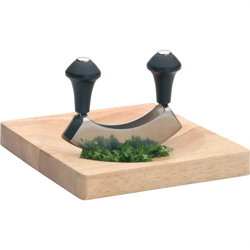 KitchenCraft Mezzaluna Chopper Et Planche À Découper En Bois, Couteau À Double Lame En Acier Inoxydable / Bois, Ensemble De 2 Pi