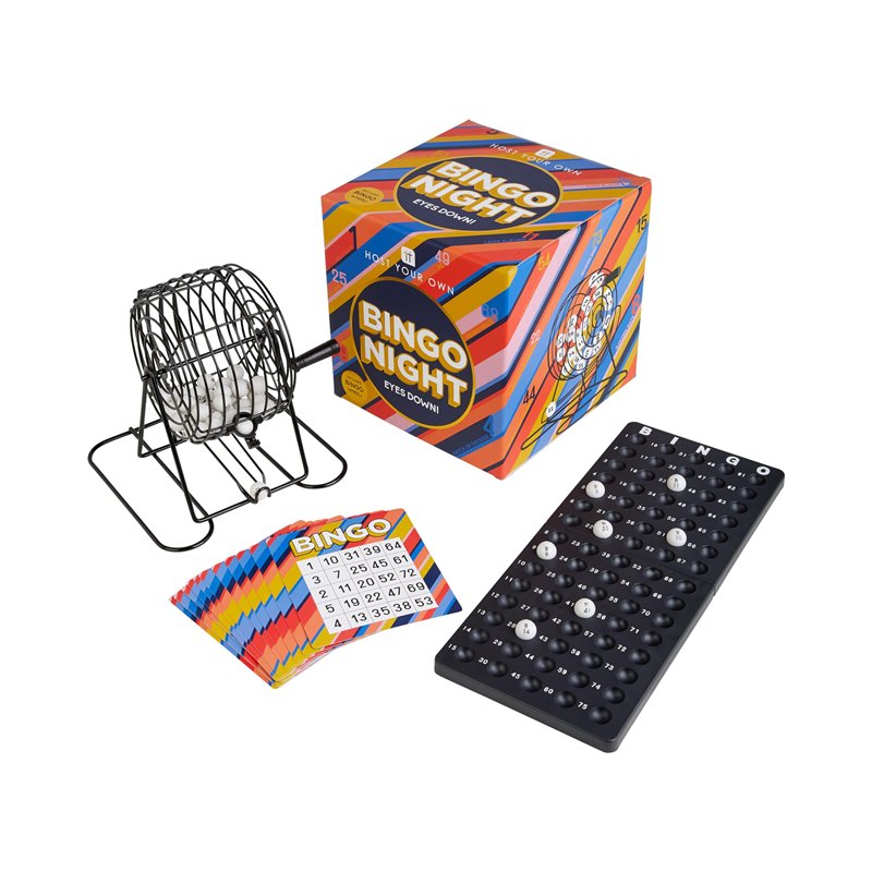 Talking Tables Jeu de Société - Kit de Jeu de Loto Classique - Roue de Bingo Métal, Boules Numérotées, Cartes - Loto Bingo Adult