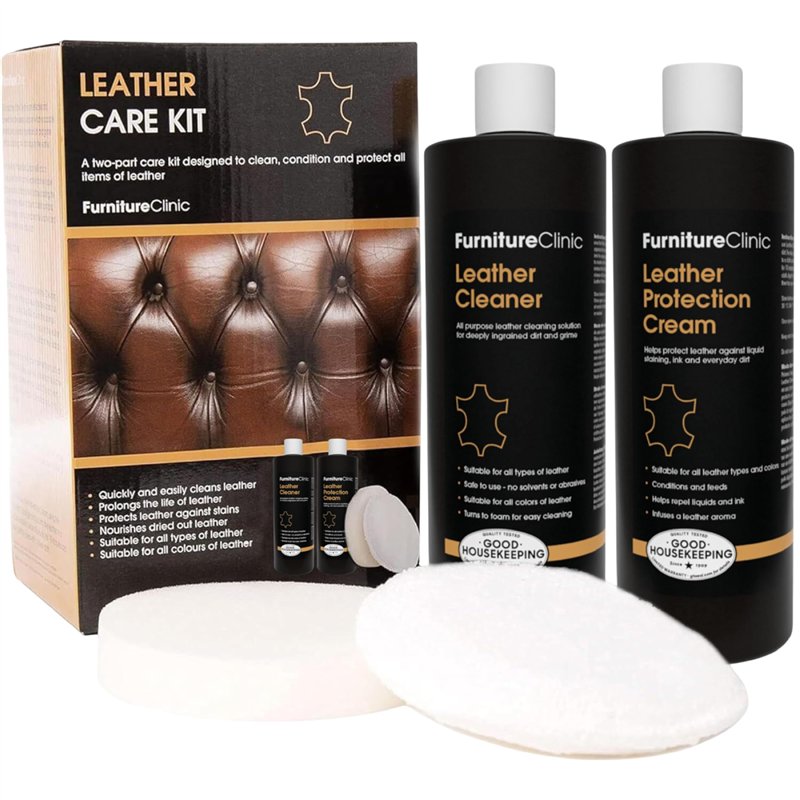 Kit d’Entretien Complet du Cuir Furniture Clinic | Nettoyant Cuir & Crème Protectrice Cuir pour Canapés, Sièges de Voiture | Net