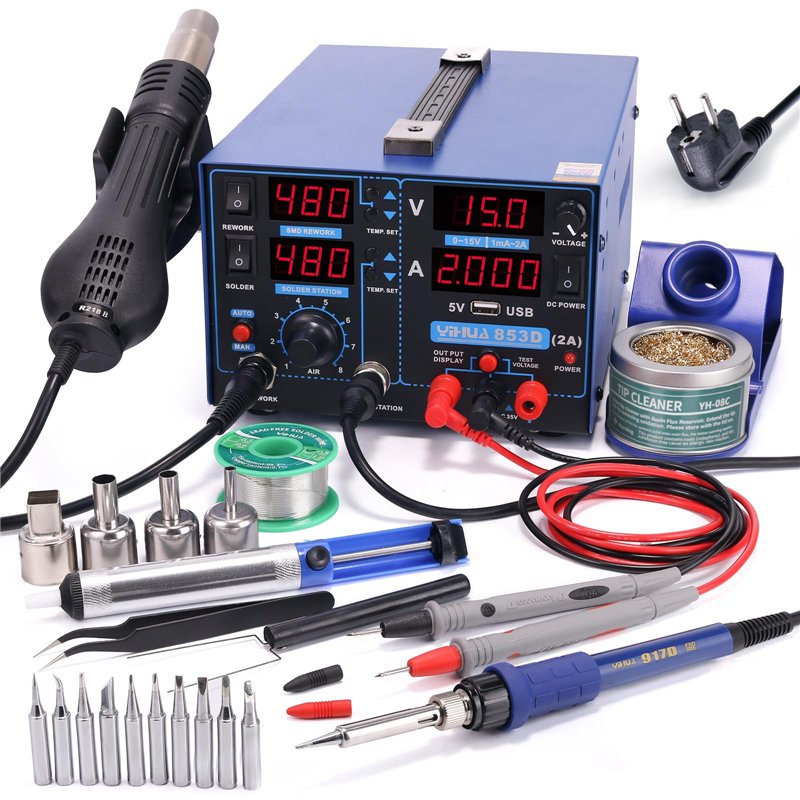 YIHUA 853D 2A USB SMD Station de Soudage à Air Chaud, 0-15V DC Alimentation Station 3 EN 1 avec 5V USB Port de Chargement et 35V