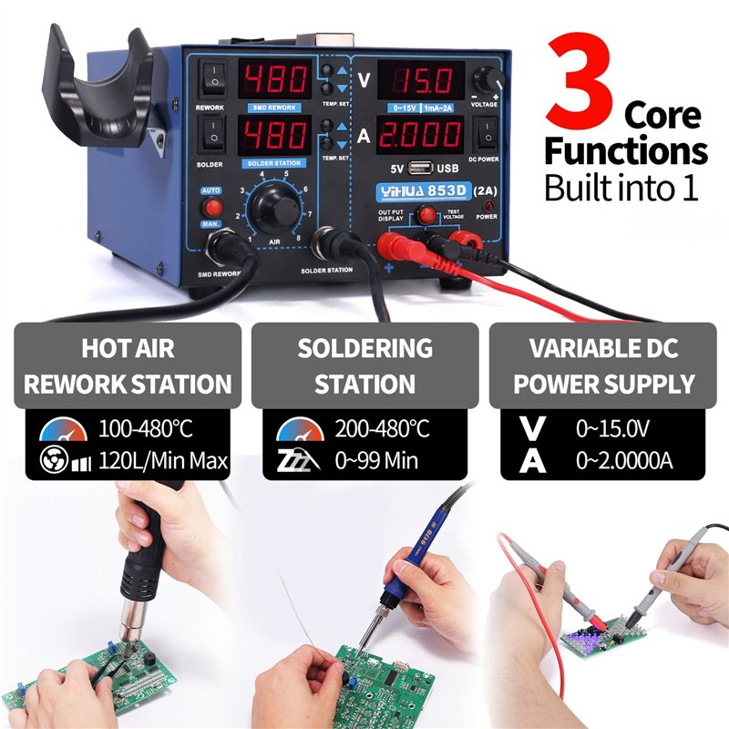 Image secondaire de YIHUA 853D 2A USB SMD Station de Soudage à Air Chaud, 0-15V DC Alimentation Station 3 EN 1 avec 5V USB Port de Chargement et 35V