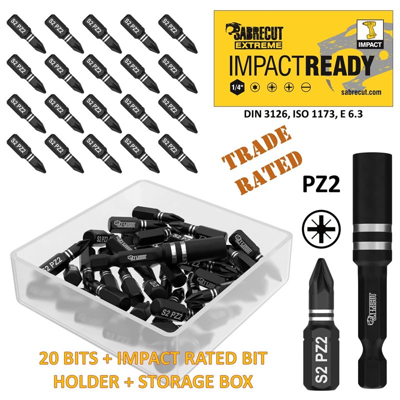 Image secondaire de 21 x SabreCut SCPA25_21 25 mm PZ2 Jeu d'embouts de tournevis à percussion PoziDriv POZI No.2 Heavy Duty avec porte-embout et boî