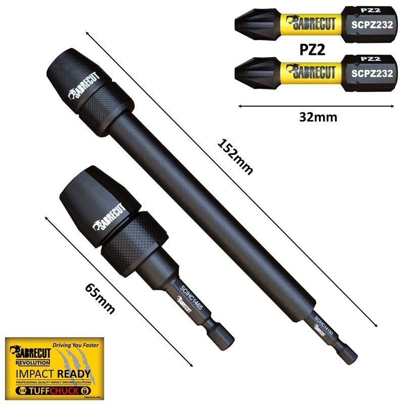 Image secondaire de SabreCut SCRK2 4 pièces Porte-embouts à percussion professionnels 65 mm et 152 mm avec 2 embouts de tournevis magnétiques PZ2 32