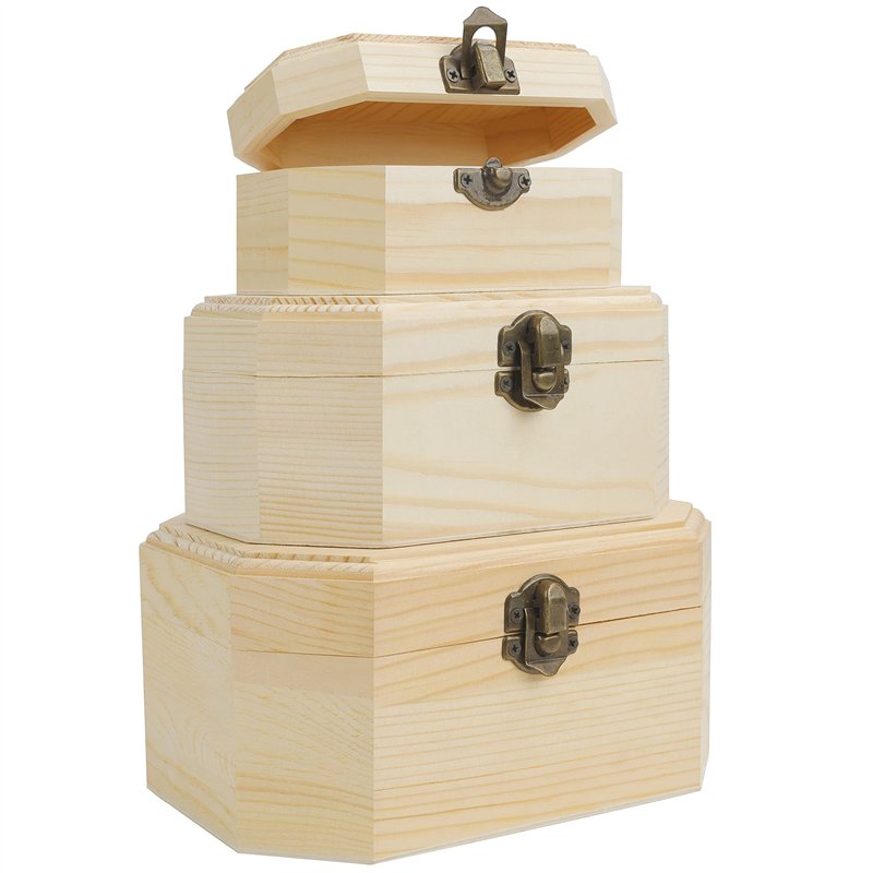 BELLE VOUS Boite Bois Brut (Lot de 3) - Coffret Bois Vide Petit, Moyen et Grand - Avec Fermoirs & Couvercle à Charnière - Artisa