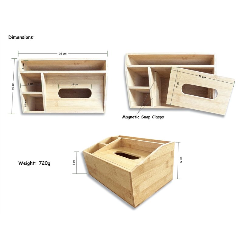 Image secondaire de Boîte à mouchoirs multifonction en bambou naturel - 4 compartiments - Distributeur de mouchoirs - Organiseur de bureau - Distrib
