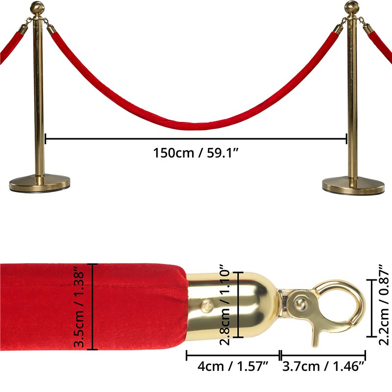 Image secondaire de Belle Vous Lot de 2 Corde Barriere en Velours Rouge - L150 x D3,5 cm - Crochets Mousquetons en Or Poli pour Poteau de Guidage -