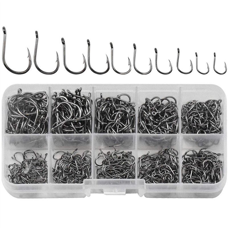 AvoDovA 600 Pcs Hameçons de Pêche, 10 Tailles Crochet de Pêche 3# -12#, Carbone Hameçons de Poisson de Mer, Crochets de Pêche Ba