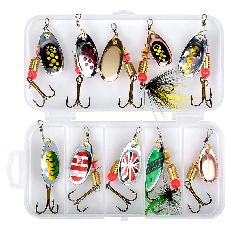 Jinlaili 10Pcs Leurres de Pêches, Cuillers de Pêche, Leurre Artificiel, Kits Leurres pêche Appâts, Spinnerbait avec boîte de Ran