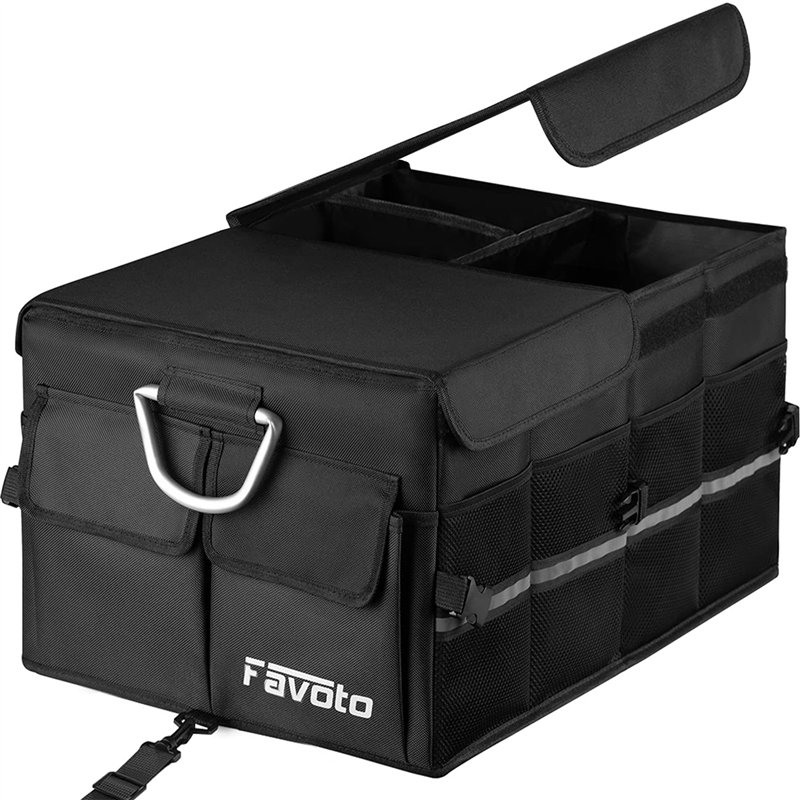 Favoto Organisateur de Coffre de Voiture avec Couvercle Détachable Bande Réfléchissante Poignée en Aluminium, Sac de Rangement P