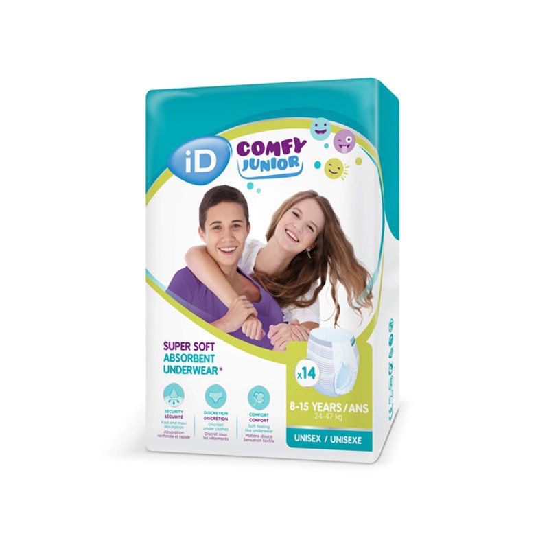 iD Comfy Junior Pants Unisex Sous-Vêtements de Nuit Absorbants pour Enfants 8-15 Ans 14 Pièces, Blanc