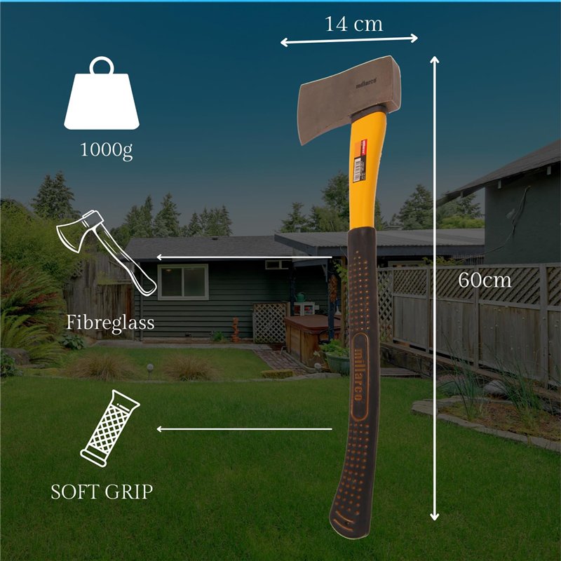Image secondaire de HOME It® Hache de Fendage 1000 g – Manche en Fibre de Verre avec Poignée Antidérapante – 60 cm – Idéale pour Jardinage et Bûches