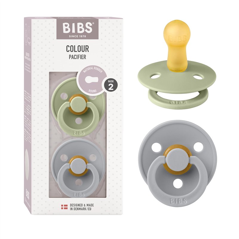 Tétine BIBS Colour. Lot de 2 sucettes. Sans bisphénol A, Téterelle ronde. Latex de caoutchouc naturel, Fabriqué au Danemark. Tai