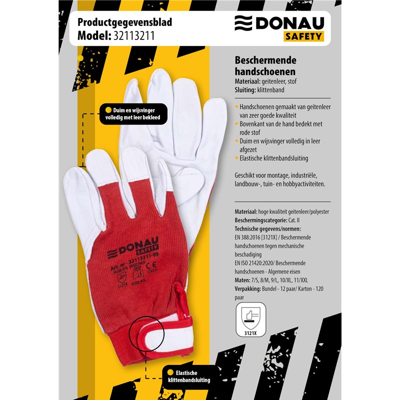 Image secondaire de DONAU SAFETY Gants de travail en cuir avec fermeture Velcro - Taille 11/XXL - 1 paire - Blanc et rouge - Gants de montage - Gant