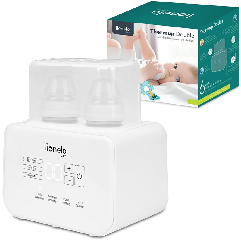 LIONELO THERMUP DOUBLE Chauffe-biberon, 2 bouteilles simultanément, Chauffe le lait en 3 à 5 minutes, 6 modes de fonctionnement,