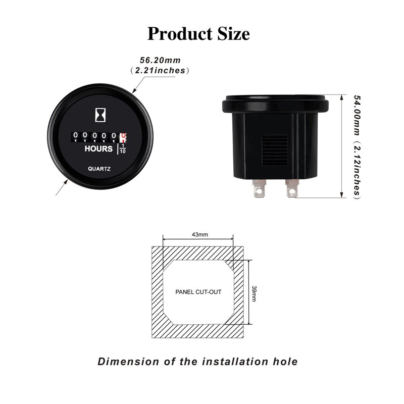 Image secondaire de NInE-ROnG Compteur d'heures à quartz rond DC 8V à 80V, compteur d'heures mécanique, étanche pour moteur de bateau, tondeuse à ga