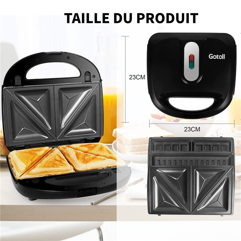 Image secondaire de Gotoll Appareil à Croques Monsieur Gaufrier 3 en 1 Machine à Sandwich Maker Gauffre Presse Toaster Pain Plaques Remplaçables 750