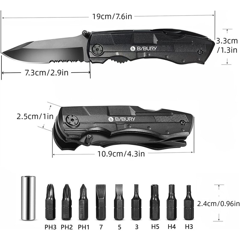 Image secondaire de BIBURY 14 en 1 Couteau Multifonction, Couteau Pliant Pince Multifonction, Couteau Militaire de Poche Survie en Acier Inoxydable