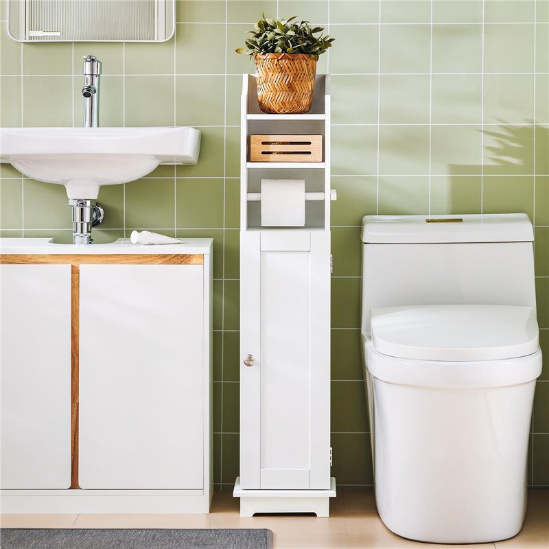 Image secondaire de SoBuy® FRG177-W Support Papier Toilette Armoire Toilettes Porte Brosse WC Meuble de Salle de Bain sur Pied en Bois – Blanc
