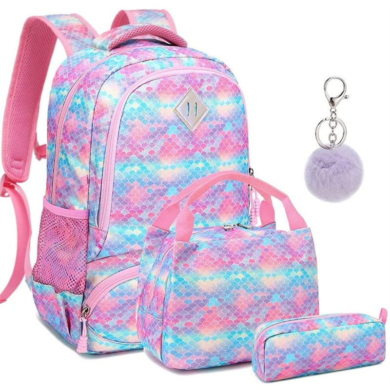 Sac Ecole Fille Sac a Dos Scolaire Fille Cartables Enfant Primaire pour l'école Loisir Voyage 3 en 1 Sac Sirène+Sac à Lunch+ Tro
