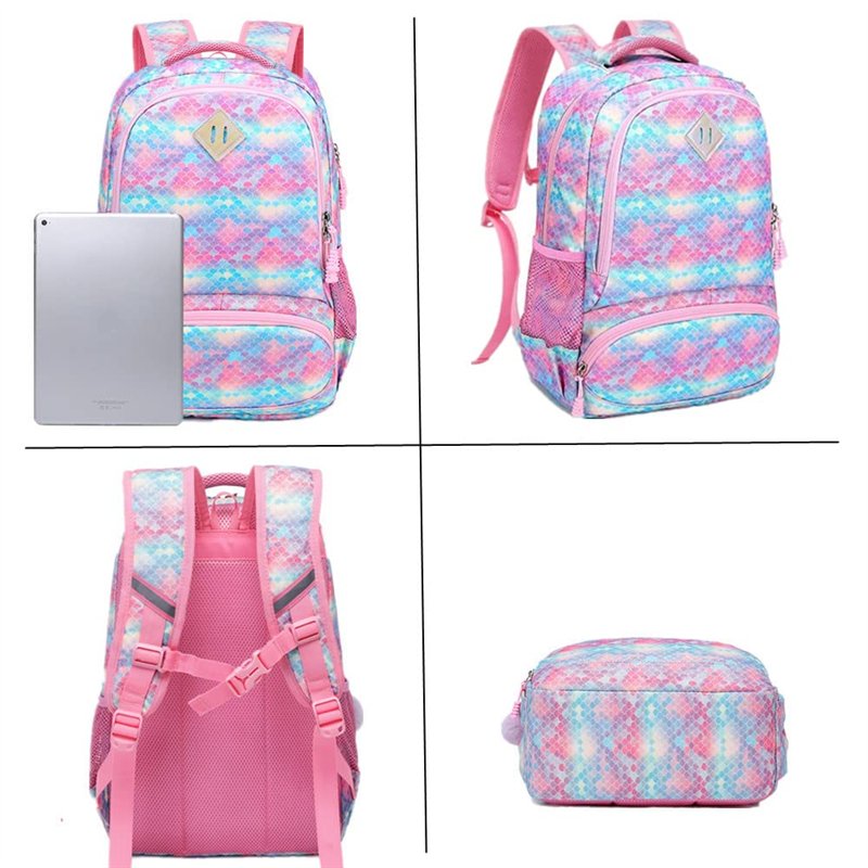 Image secondaire de Sac Ecole Fille Sac a Dos Scolaire Fille Cartables Enfant Primaire pour l'école Loisir Voyage 3 en 1 Sac Sirène+Sac à Lunch+ Tro