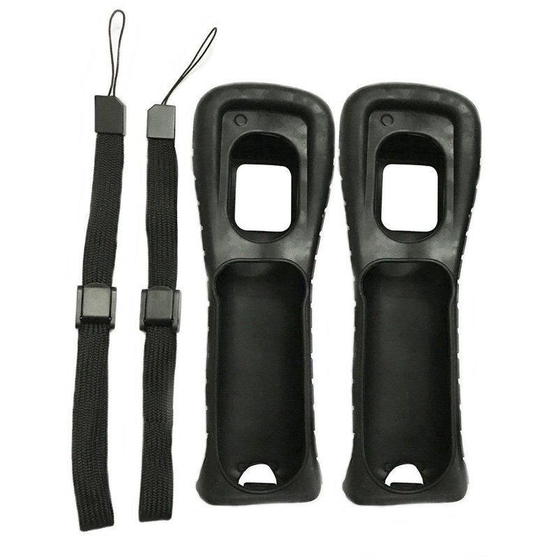 2 coques noires en silicone avec dragonne pour manette Nintendo Wii