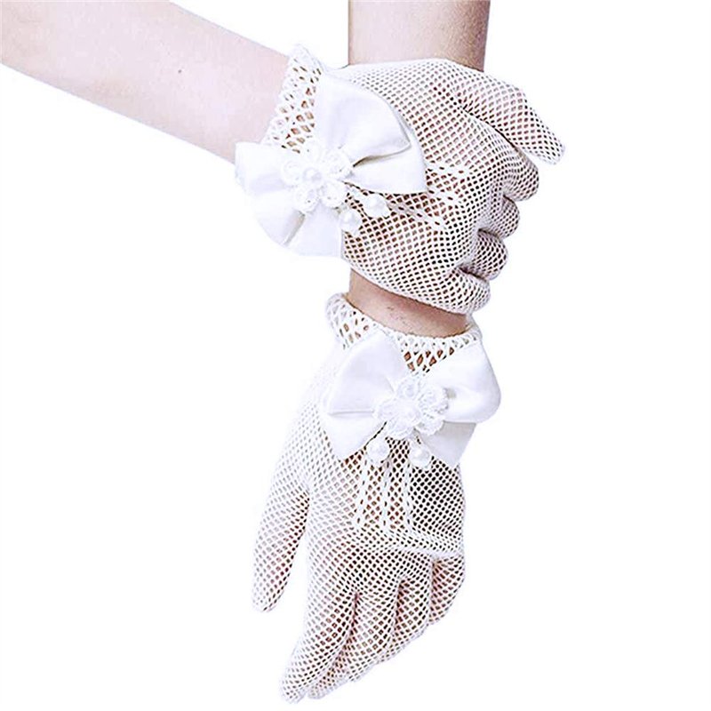 SwirlColor Courts élégantes Satin Bow trous Gants résille poignet Gants Longueur de fille pour Flower Girls