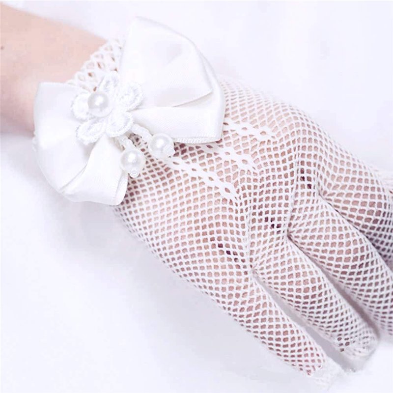 Image secondaire de SwirlColor Courts élégantes Satin Bow trous Gants résille poignet Gants Longueur de fille pour Flower Girls