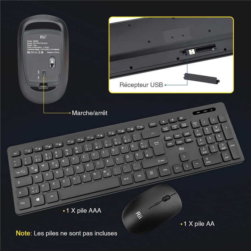 Image secondaire de Rii RK200 Ensemble Clavier Souris sans Fil bureautique Clavier de Bureau 2.40Ghz AZERTY(Version Française) avec Taille Complète